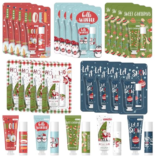 30 Pcs Christmas Hand Cream and Lip Balm Gift Sets, Christmas Stocking Stuffers Travel Size Hand Lotion Lip Balm Xmas Party Holiday Gifts for Women Mom Staff Coworkers Adult Girls