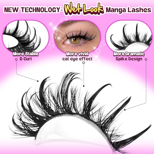 Manga Lashes Cat Eye Dramatic False Eyelashes Wet Look D-Curly Long Anime Lashes Strips Thai Style Manhua Lashes Strips Cosplay Eyelashes Wispy Spiky Lashes 12-20MM 9 Pairs by Zegaine