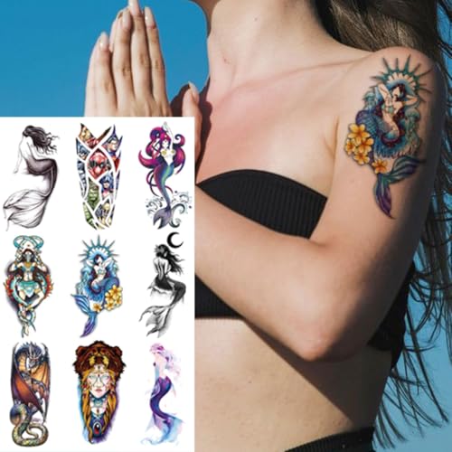 10 Sheets Temporary Tattoos - Mermaid, Dragon & Tribal Girl Designs, Waterproof Fake Tattoo Stickers for Adults & Kids, Lasts 2-5 Days