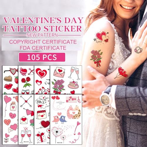 Temporary Tattoos for Women Wife, 105PCS Wedding Love Confession Couple Bridesmaid Romantic Party Body Stickers, Valentine's Day Fake Tattoos, Heart Flower Angel Decorations Gifts