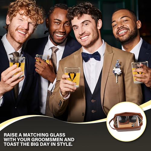 54Pcs Groomsmen Gifts Set of 6, Proposal Gift Box with Toiletry Bags, Whiskey Glasses, Sunglasses, Wood Handle Pocket Knives, Bottle Openers, Cards, Envelopes and Tuxedo Gift Bags (6 Set)