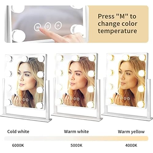 IMEASY Vanity Mirror with Lights£¬Hollywood Lighted Makeup Mirror with 3 Color Modes and 9 Dimmable Diamond LED Light Bulbs Detachable 10X Magnification 360¡Æ Rotation Touch Control