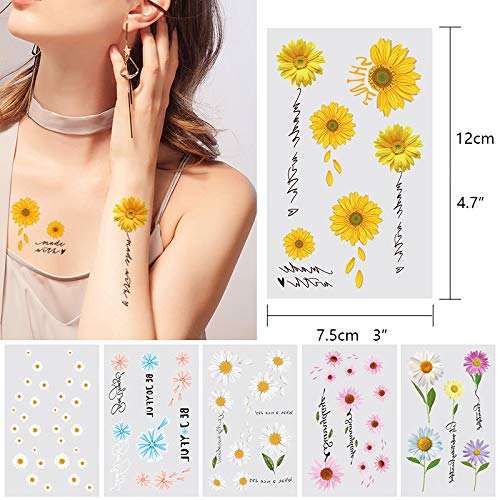 12 Sheets Daisy Tattoo, Summer Flower Temporary Tattoo Sticker for Women Lady Girls, Body Art on Arm Shoulder Wrist Face Clavicle