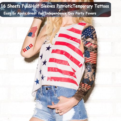4th of July Temporary Tattoos Full & Half Arm - American Flag Tattoos for Kids Women Men Fourth of July Party Decorations and USA Party Favors,Independence Day Party Supplies