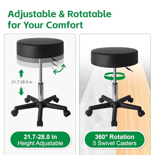 Hydraulic Adjustable Rolling Stool with Wheels, 360¡Æ Swivel Office Chair, 400LBS - for Salon, Tattoo, Barber, Massage, PU Leather, Easy-Clean, Whisper-Quiet Casters, Black