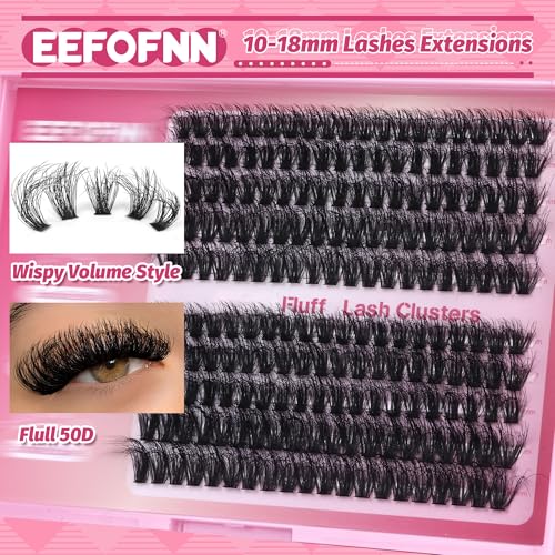Eefofnn DIY Lash Extension Kit Fuzzy Mink Cluster Lashes Kit Natural Volume Eyelashes Extensions with Lash Bond and Seal Tweezers 50D Eyelash Clusters 10-18MM Fluttery Individual Lashes Extension Kit