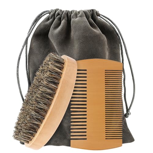 Beard Brush and Comb Set for Men Boar Bristle Beard Brush, Wooden Comb & Travel Pouch White Elephant Gifts, Christmas Stocking Stuffers for Husband Dad Boyfriend Portable Beard Grooming Kit