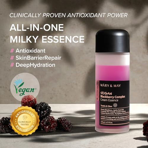 Mary&May Vegan Blackberry Cream Essence ? Shake-to-Mix Dual-Phase Milky Toner, Ceramide + Blue Lotus Water, Barrier Support for Dry/Sensitive Skin, Unscented & Alcohol Free, 140ml (4.73 fl oz)