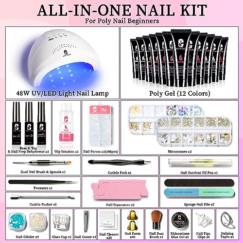 Clara Colors Poly Gel Nail Kit, 12 Colors Poly Kit All In One Poly Nail Gel Starter Kit withTools for Nail Art DIY at Home and Salon