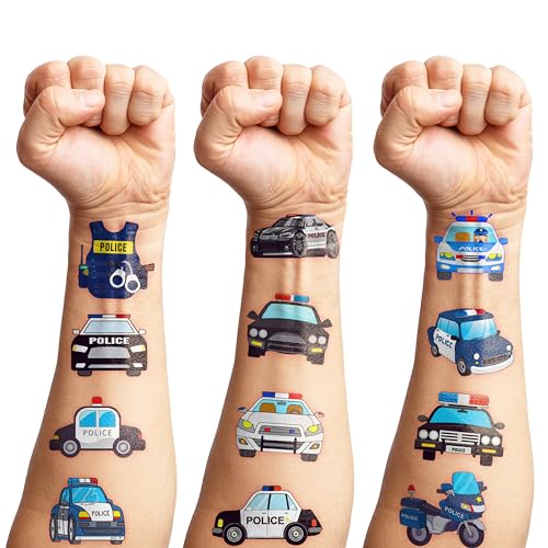107 PCS Police Car Temporary Tattoos Themed Birthday Party Decorations Favors Supplies D?cor Cute Cop Officer Policeman Blue Tattoo Stickers Gifts For Boys Girls Class Prizes Rewards Cartoon Carnival