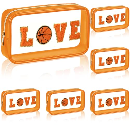 6 Pcs Basketball Clear Makeup Bag with Chenille Letter Patch Sport Goodie Clear PVC Pouch Organizer Waterproof Travel Toiletry Bags for Sports Theme Birthday Party Supplies