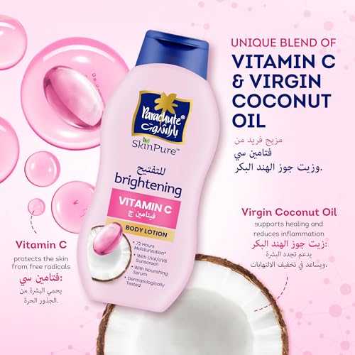 Parachute SKIN PURE BODY LOTION VITAMIN C, UVA/UVB Sunscreen, Blend of Vitamin C and Virgin Coconut Oil for Brightening Skin | 72Hr Moisturization | For Extra Dry Skin | 13.52 Floz
