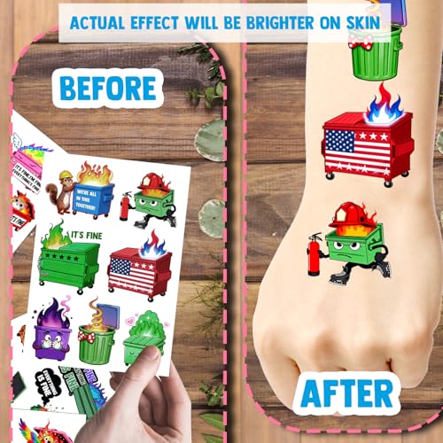 144Pcs Dumpster Fire Temporary Tattoos - Funny Everything's Fine Dumpster Fire Stickers Tattoos Gifts for Office Christmas Team Coworker Nurse Party Decorations Decor