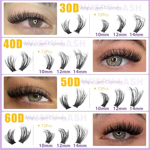 EYDEVRO Lash Clusters Kit 30D40D50D60D Lash Extension Kit Cluster Eyelash Extension Kit 10-14mm Individual Lashes Kit Cluster Lashes with Sweatproof Lash Bond and Seal Lash Tweezers