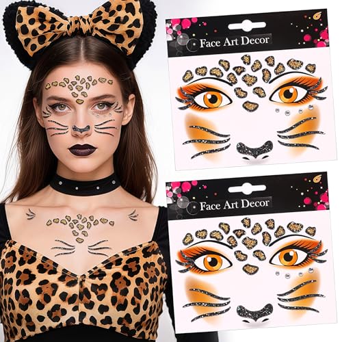 Glitter Leopard Face Jewels Halloween Temporary Tattoo Stickers Animals Face Gems Jewels Self-Adhesive Halloween Dress Up Sticker for Festival Holiday Party Accessories 2PCS
