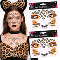 Glitter Leopard Face Jewels Halloween Temporary Tattoo Stickers Animals Face Gems Jewels Self-Adhesive Halloween Dress Up Sticker for Festival Holiday Party Accessories 2PCS