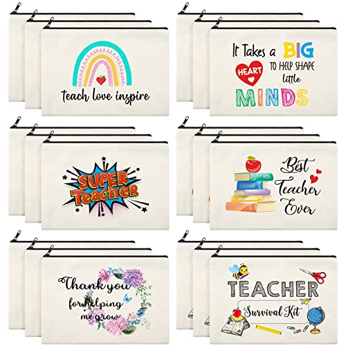 18 Pcs Teacher Makeup Bags for Women 6 Styles Canvas Pencil Bags Travel Toiletry Case with Zipper Gift for Teacher's Day Graduation Back to School (Cute)