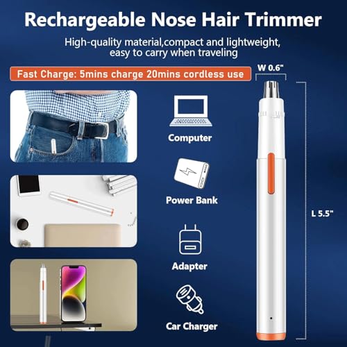 Nose Hair Trimmer for Men Women, Painless USB Rechargeable Nose Trimmer for Men, Eyebrow & Facial Hair Trimmer Dual Edge Blades for Smoother Cutting with IPX7 Waterproof, White