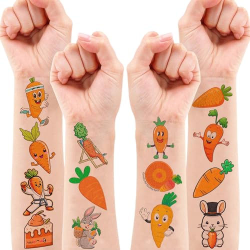 117 PCS Funny Vegetable Carrot Temporary Tattoos Sticker Fruit Carrot Bunny Birthday Party Decor Decorations Supplies Favors Gifts Boys Girls Baby Shower Cute Fake Tattoo School Reward Themed