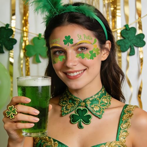 28 Sheets Saint Patrick Face Temporary Tattoo, Green Shamrock Lucky Four Leaf Clover Waterproof Fake Tattoos Face Makeup Freckles Patches For Women Girls St. Patrick's Day Festival Party Supply