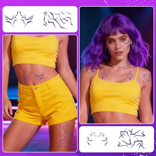8 Sheets Cosplay Tattoos Stickers for Face and Body£¬Stylish Variety Purple Temporary Tattoos,Dance Cosplay- Ideal for Cosplay, Parties, and Daily Wear.