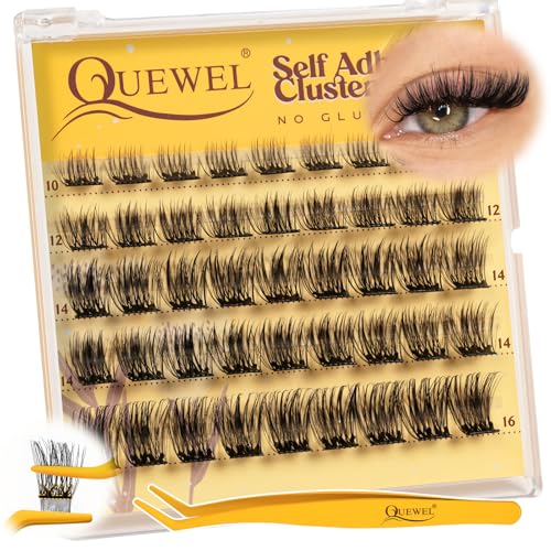 QUEWEL Self Adhesive Lash Clusters Kit, Pre Glued Eyelashes Clusters, 10-16MM Strong Hold Self Adhesive Eyelashes,D Curl Press On Lashes No Glue Needed DIY Lash Extensions Kit at Home(MJ03)