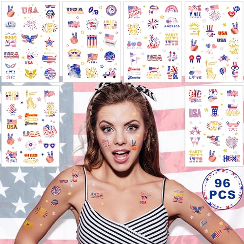 94 PCS 6 Sheets 4th of July Temporary Tattoo Set, Independence Day Body Stickers, Patriotic Parade Party Accessories, Long Lasting Tattoo Stickers for Kids Adults, Red White and Blue Accessories