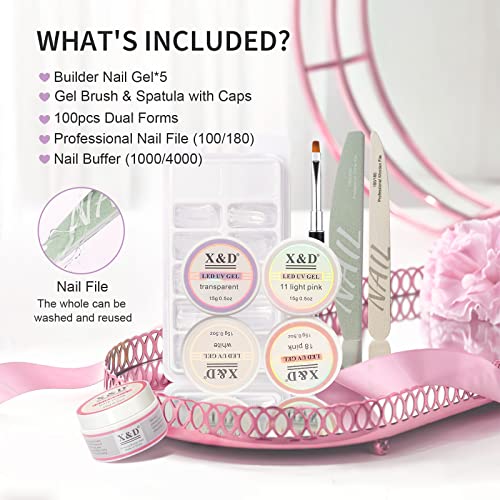 X&D Poly Gel Nail Kit Polygel Quick Dry Natural Clear Polygel 5 Colors Nail Extension Balance Builder with Dual Forms, Brush with Spatula, Professional File and Buffer Set