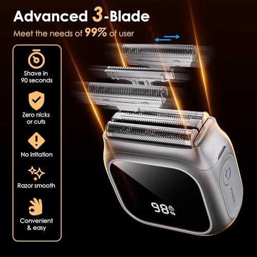 Electric Razor for Men,Innovative Mirror-Like Design,Beard Trimmer for Men with 20,000 RPM Motor,LED Display,3 Floating Blades,IPX7 Waterproof,Mini Men's Foil Shavers - Perfect for Travel & Home Use
