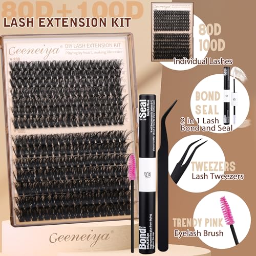Geeneiya Volume Lash Clusters Kit DIY Lash Extension Kit D Curl Eyelash Extensions with White Lash Bond and Seal Waterproof Tweezers,10-16MM Cluster Lashes with White Lash Glue