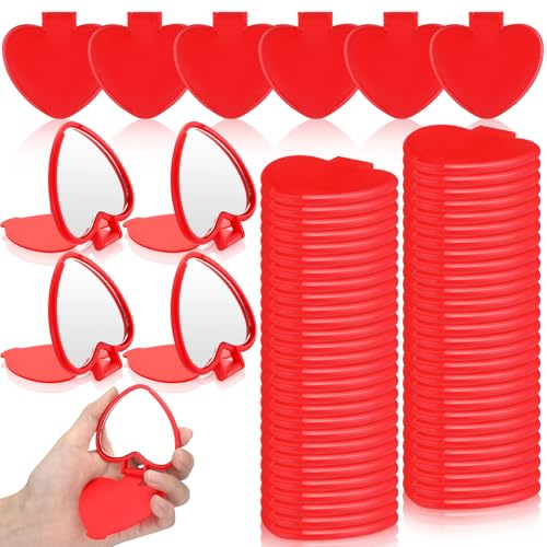 Geetery 48 Pcs Compact Mirror Bulk Gifts Heart Shaped Mini Pocket Folding Portable Travel Makeup Purse Mirror for Women Friend Bestie Mother's Day Party Favor(Red)
