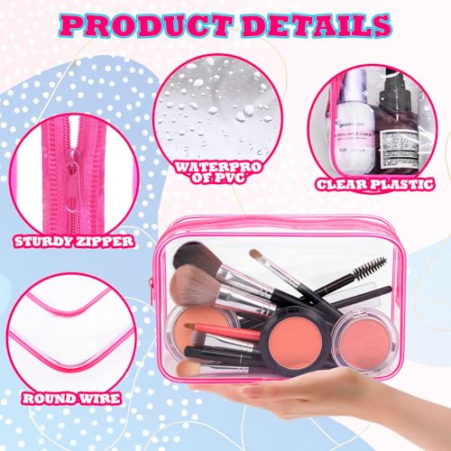 12PCS Clear Cosmetic Bag Transparent PVC Makeup Bag Waterproof Plastic Zipper Pouches Travel Toiletry Organizer Cosmetic Storage Case for Women Traveling Bathroom (Rose Red, Medium)