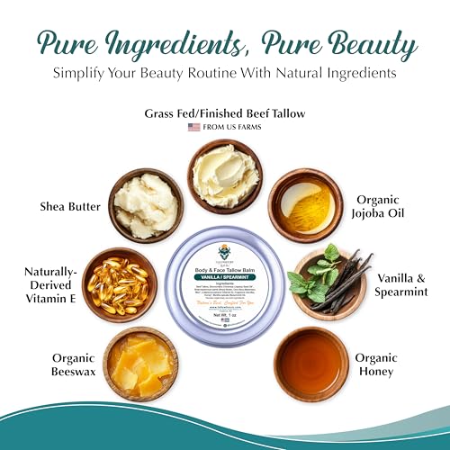 Grass Fed Beef Tallow Balm for Face and Body with Shea Butter, Organic Jojoba Oil, Honey, and Beeswax ? Beef Tallow for Skin ? Vanilla and Spearmint ? 1 oz
