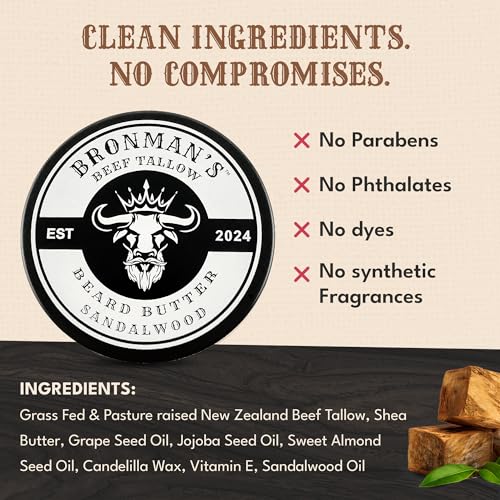 Beef Tallow Beard Butter for Men - 4oz - Hydrating Sandalwood Beard and Skin Balm with Shea Butter - Deeply Moisturizing Tallow