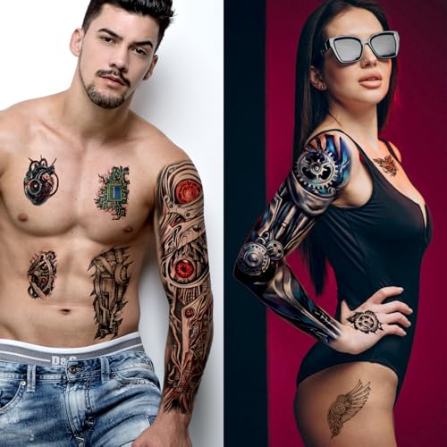 48 Sheets Mechanical Style Full Arm Sleeve Temporary Tattoos for Men Kids, Fake Tattoos Body Shoulder Arm Hand Stickers Waterproof