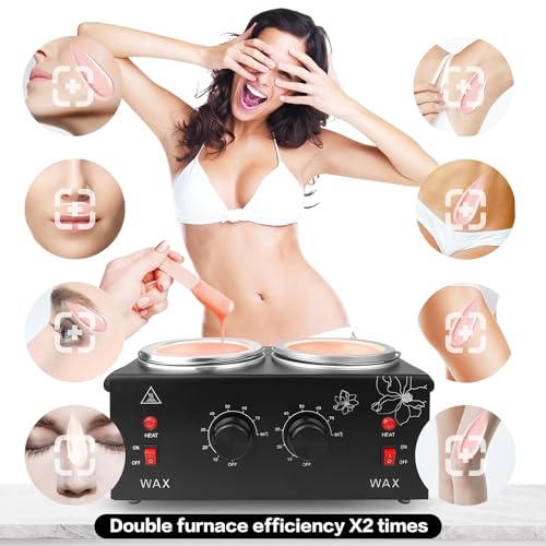 Portable Wax Warmer Machine for Painless Hair Removal, Women Men Professional Wax Heater with Adjustable Temperature Set, 40pcs Sticks, 2 Silicone Bowls (Black - Double Pots)