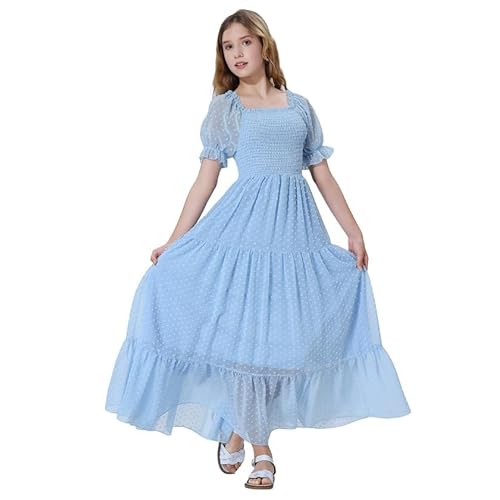 Mebius Girls Maxi Dress Long Smocked Dresses Swiss Dots Square Neck Short Sleeve Casual A-line Flowy for 6-12 Years