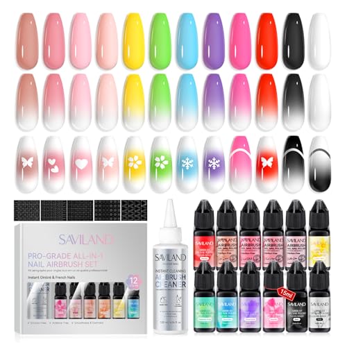 SAVILAND All-in-1 Airbrush Gel Nail Polish Kit: Dilution-Free Airbrush Paint for Nails Non-Acetone 12 Colors Airbrush Gel Polish with Airbrush Cleaner Stencils French Ombre Blush Nail Art Beauty
