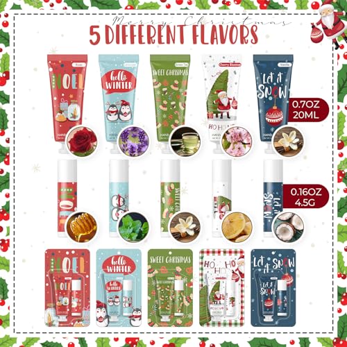 30 Pcs Christmas Hand Cream and Lip Balm Gift Sets, Christmas Stocking Stuffers Travel Size Hand Lotion Lip Balm Xmas Party Holiday Gifts for Women Mom Staff Coworkers Adult Girls