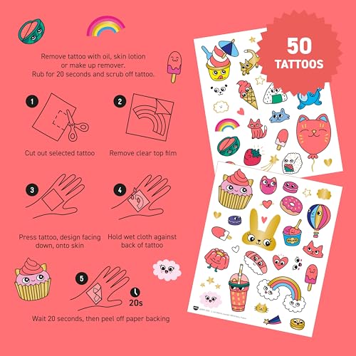 Omy Kawaii Temporary Tattoos for Kids - 50 Cute & Colorful Designs | Safe, Long-Lasting & Easy to Apply | Age 3 and Up