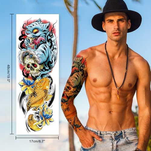 Full Arm Black Temporary Tattoo Sleeve for Men 8 Sheets, Scary Fake Tattoos That Look Real, Tigers for BBQ Pool Beach Party