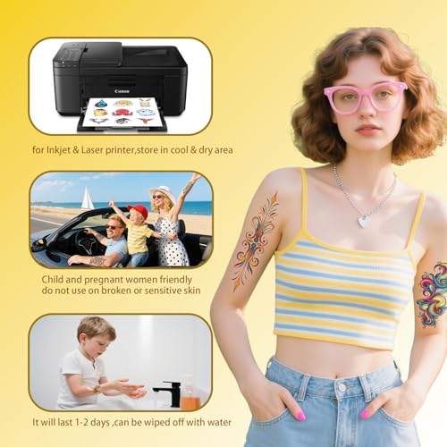 Temporary Tattoo Paper for Laser/INKJET Printer, 8.5"X11" 6 Sheets Printable Tattoo Transfer Paper, DIY Tattoos Stickers for Adult, Kids, Personalized Tattoo Custom Images for Party