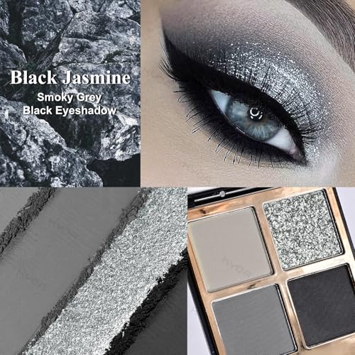 KYDA 4 Colors Smoky Grey Eyeshadow Palette, Dark Grey Black Eyeshadow, Dark Tone Glitter Eyes Shadow, Ultra-fine Lightweight, High Pigment Eyes Glitter Makeup Mini Eyes Palette