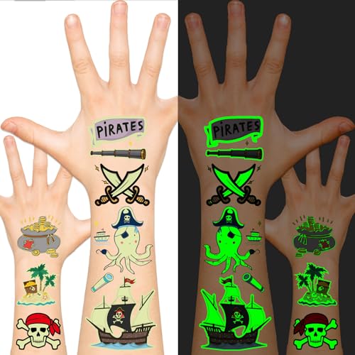 EMOME Glow Temporary Tattoos for Kids, Kid Tattoos for Party Favors Decorations Supplies, Cute Tattoo Sticker Goodie Bag Stuffers Boys and Girls (Pirate)
