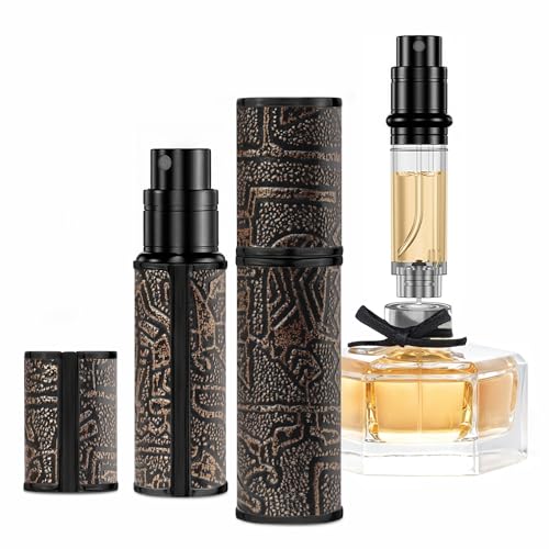 Perfume Spray Bottle 5ml, Ancient Print Leather Refillable Dispenser Bottom Fill Fragrance Scent Container, Portable and Leak-proof Suitable for Traveling & Outgoing (Egypt Print Gold)