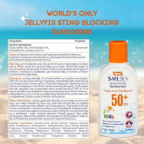 Safe Sea SPF50+ Kids sunscreen - Jellyfish and Sea lice protective lotion. Very Water Resistant, Sensitive skin Reef-Safe Sunscreen. Oxybenzone and Octinoxate free, Paraben free, 4 fl. Oz. Pack of 2