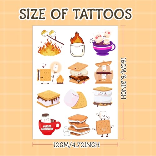 192 PCS Smores Temporary Tattoos Stickers, Smores Party Favors Campfire Birthday Party Decorations Supplies