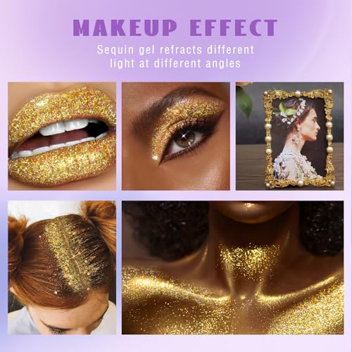 Roll-on Holographic Body Glitter Gel for Face Hair, Chameleon Color Changing Glitter Gel Under Light, Chunky Mermaid Sequins Festival Party Rave Accessories Shimmer Makeup (Gold)