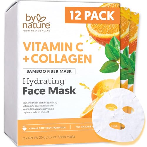By Nature Vitamin C + Collagen Sheet Face Mask with Vitamin E ? Firming, Anti-Aging Facial Treatment for Radiance, Elasticity & Hydration ? Skincare for Pre-Event Glow & All Skin Types ? Pack of 12