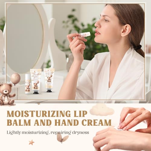 30 Set Gender Reveal Gifts for Guests 30 Pcs Bear Baby Shower Hand Cream and 30 Pcs Lip Balm with 1 Wooden Stand for Guests Baby Shower Prizes Party Favors Gender Reveal Souvenirs